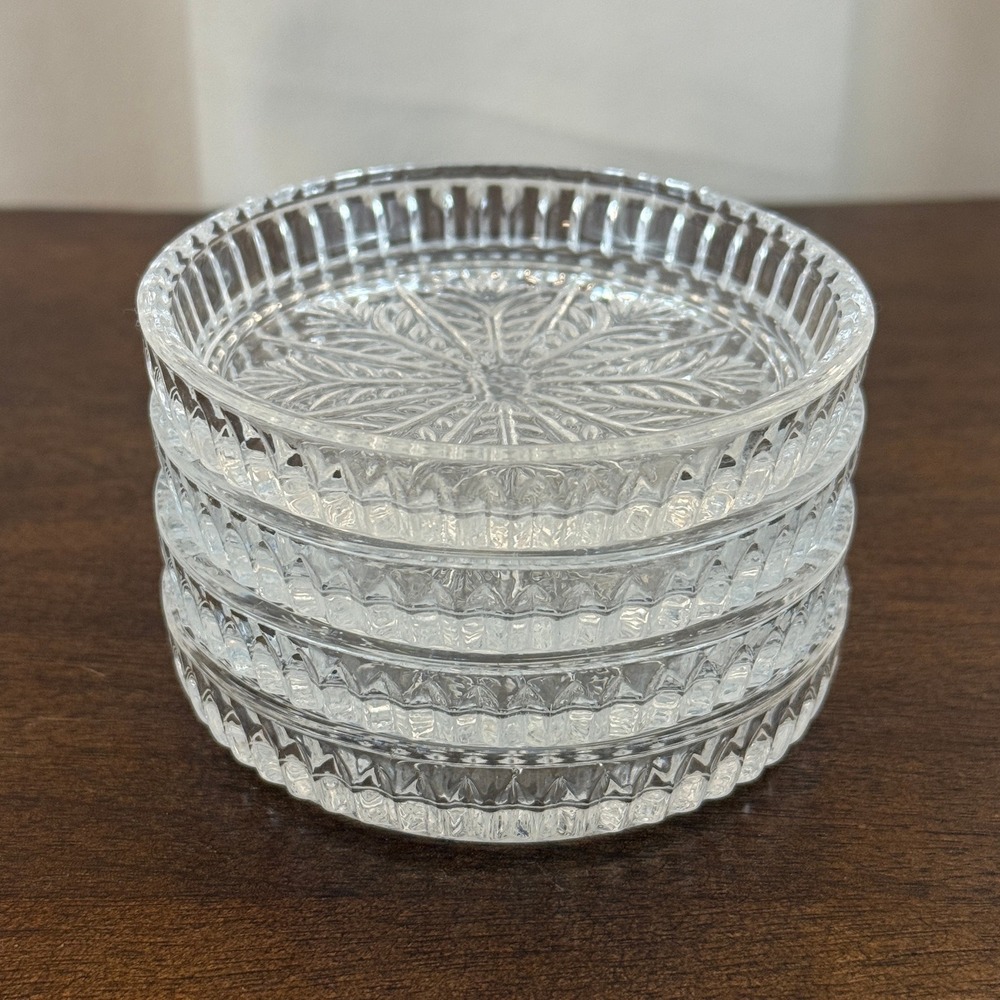 VTG Set of FOUR Fifth Avenue Crystal Coasters Portico Floral Starburst Design
